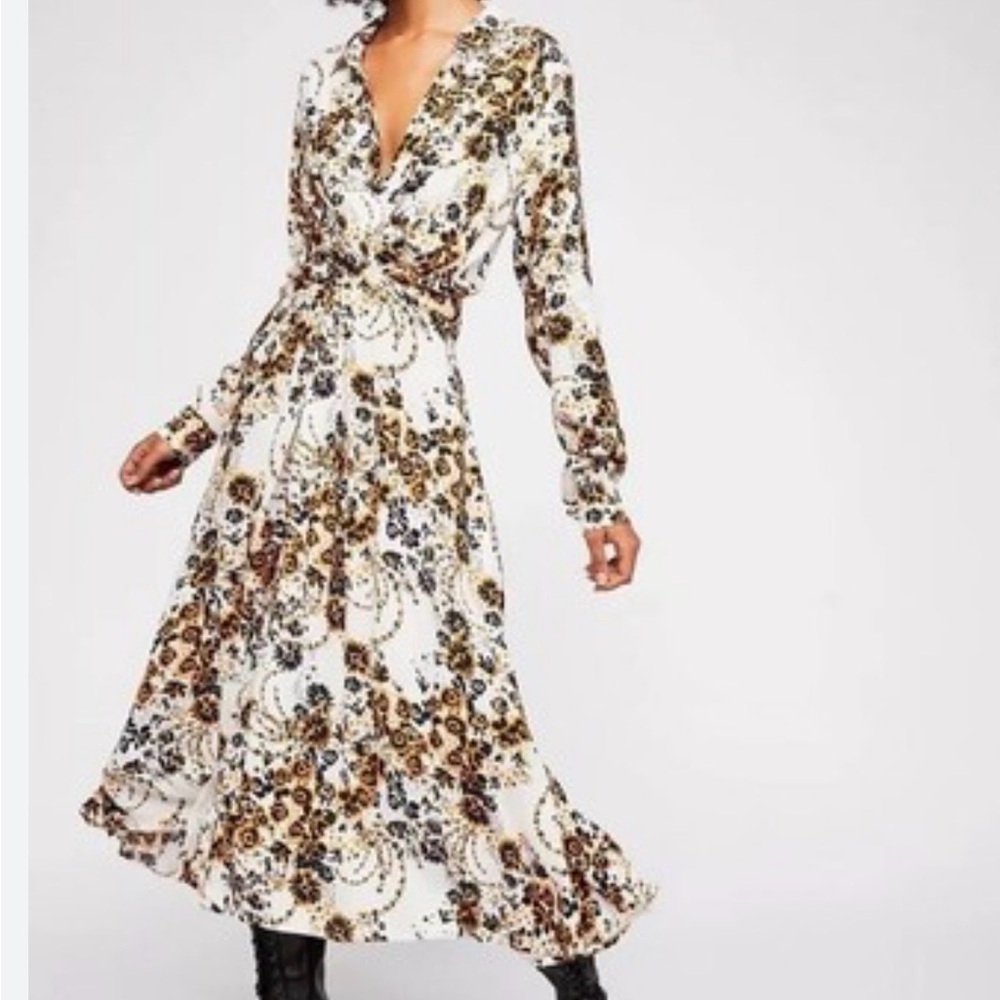Free People Tough Love  White Floral Long Sleeve Midi Dress Size 8